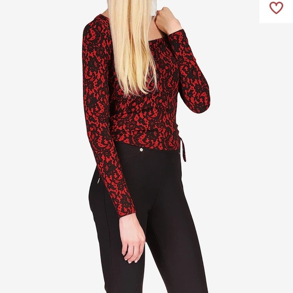 ✅MICHAEL Michael Kors Petite Lace Square Neck Ruched Long Sleeve Top - Picture 2 of 3